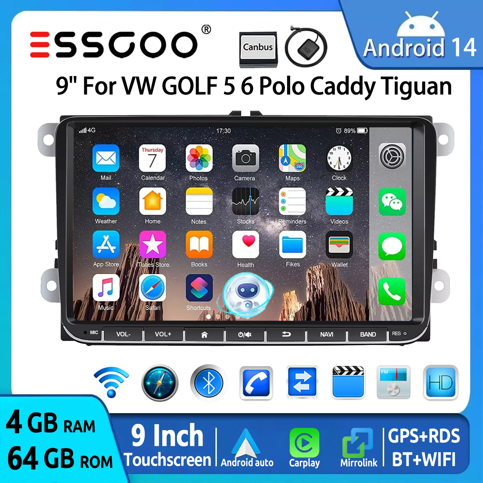 ESSGOO 9 "Android 14 Radio de coche Carplay GPS para Volkswagen VW Golf MK5 MK6 Polo 6R Touran Tiguan Jetta Passat CC WiFi BT AI voz 1