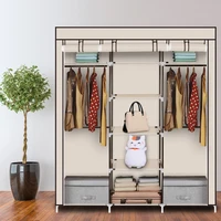 69" Portable Clothes Closet Non-Woven Fabric Wardrobe Double Rod Storage Organizer Beige 2