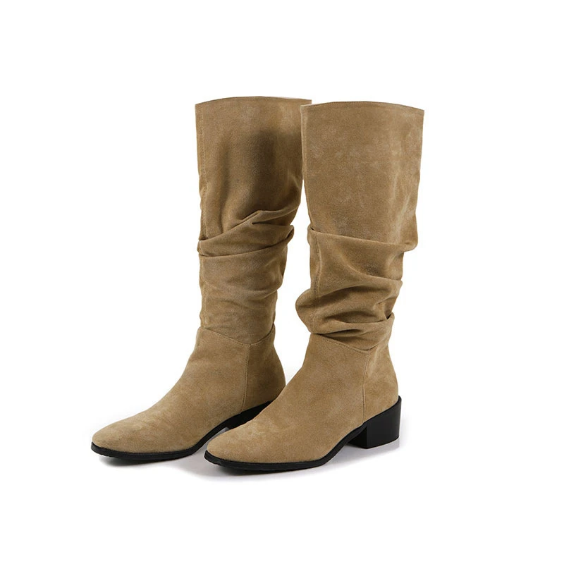 Botas altas de gamuza tacón grueso para mujer, botines plisados marrones, botas vaqueras occidentales, zapatos de caballero| | - AliExpress