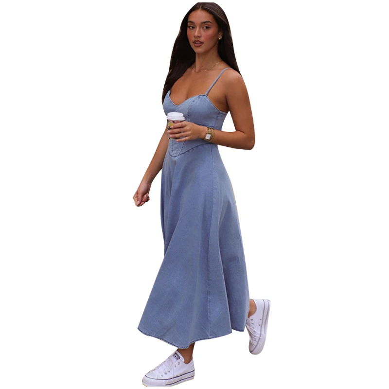 Damen-Maxikleid mit Trägern, ärmellos, gewaschener blauer Denim, weiblich, trendig, Sommer, Strand, Party, Streetwear, lange Kleider für den täglichen Gebrauch – Detail 9