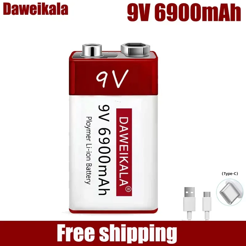 9V 6900mah lithium ion rechargeable battery type-C USB multimeter lithium microphone metal detector + cable