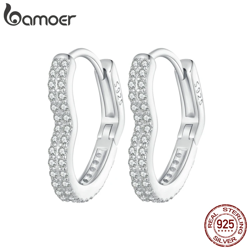 Bamoer, серебро 925 пробы, в форме сердца, пряжки для ушей, серьги-кольца, серьги с кубическим цирконием для женщин, ювелирные украшения, подарок BSE781