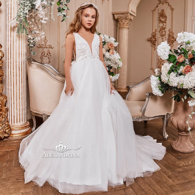 

Sleeveless V-Neck Flower Girls Dress for Wedding Lace Beaded Evening Children Princess Party Pageant Gowns Birthday Dresses
