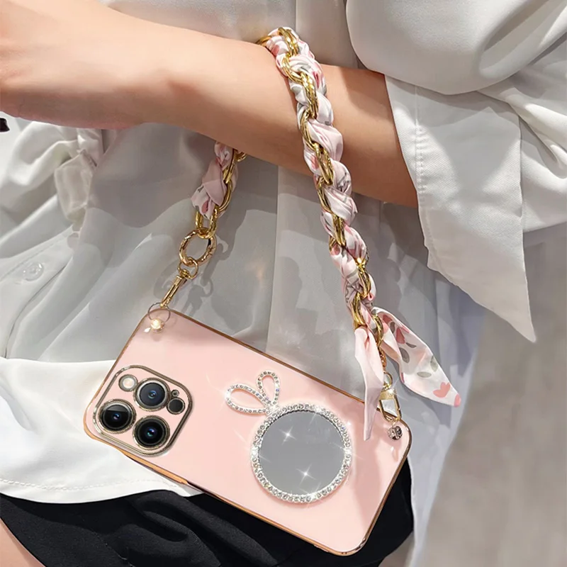 Söt Kaninspegel Silk Lanyard Armbandsfodral För Samsung Galaxy A34 A54 A53 A32 A33 A13 4G 5G A25 A31 A21S A14 A12_voghion.com