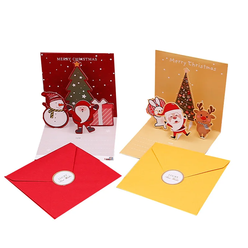 Merry Christmas Three-dimensional Greeting Cards with Envelope Santa Claus Snowman Laser Cut Xmas Happy New Year Greeting Cards