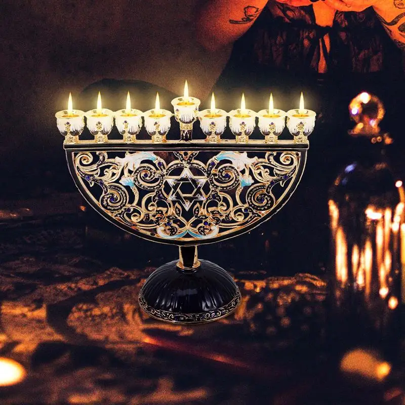 Menorah Hanukkah Holder Stand Candlestick Jewish Metal Vintage Chanukah Table Container Tealight Ornament Star Candelabra Decor