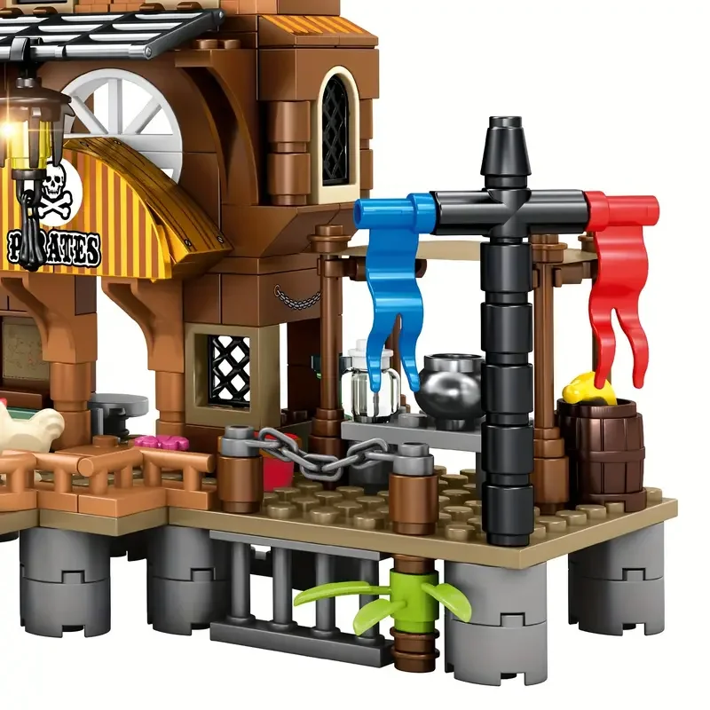 Creative Medieval Pirate Island Fortress Castle Building Blocks Adventure Ship Log Cabin Model Boat Assemble Bricks Toy Kid Gift 5