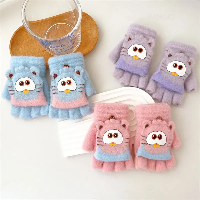 Cute Children Half Finger Gloves Autumn Winter Flip Cover Warm Boy Girl Student Mittens Cartoon Kids Writing Cycling Gloves 4-8Y cycling gloves winter gloves