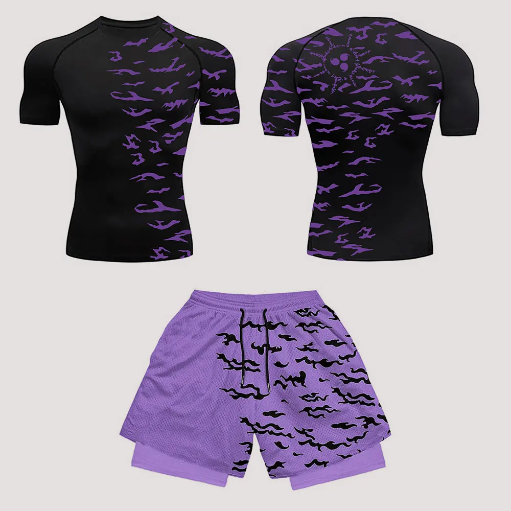 Anime Compression Set Running Fitness Suit for Men Quick Dry Compression Shirt + Gym Shorts 2PCS Summer Workout Sportwear sports suit