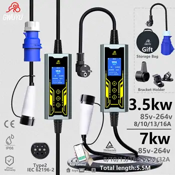 GWUYU EV Charger 32A 7kW 16A 3.5KW 1Phase Type2 Portable Charger Smart APP WiFi Control for EV Cars2.8-inch Screen Button Contr 1