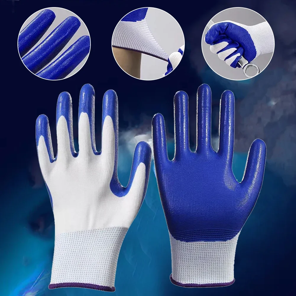 1-10Pairs Work Gloves security Protection Grey Nylon Nitrile Gloves Blue Latex Coated Breathable Wear Logging Carpenter Supplies 4