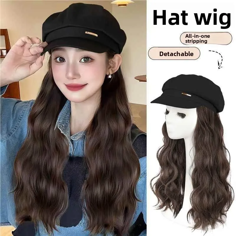 Detachable Faionable l Looking Women's Beret Hat Wig Cap Spring Autumn Long Curl Lazy Curl Fake Hair Cover