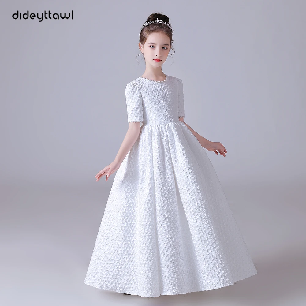 Dideyttawl White Puff Skirt Elegant Flower Girls Dress For Wedding Party Short Sleeves Concert Junior Bridesmaid Gown