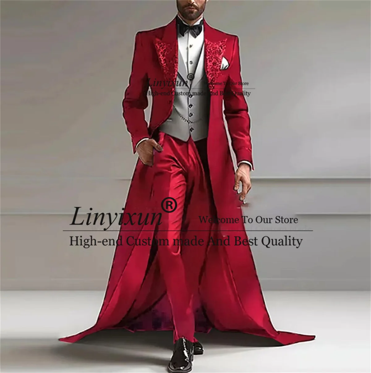 Sparkly Sequins Lapel Men Suits Business Groom Tuxedos 3 Pieces Sets Long Coat Blazer Wedding Costume Homme