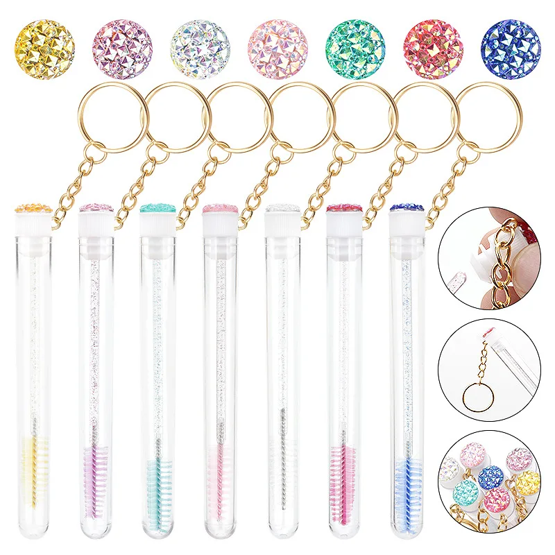 Tube Eyelash Brush With Gold Keychain Glitter Mascara Wand For Women Lash Extension Micro Comb Container Makeup Tools 10 Pcs