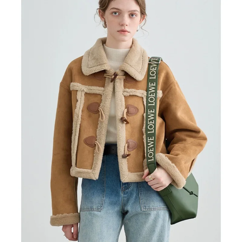 2023 Winter Vintage Style Single Breasted Turn Down Collar Short Jacket For Women Retro Outerwear Fashion Patchwork Coat