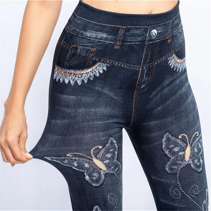 LJCUIYAO 원활한 높은 허리 청바지 레깅스를 밀어 여자 가을 탄성 Jeggings 데님 바지 나비 인쇄 패턴 하단