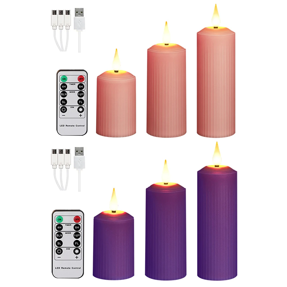 3Pcs Flickering Electric Pillar Candles with Remote Control USB Rechargeable Pink Flameless Candle Flickering LED Pillar Candles