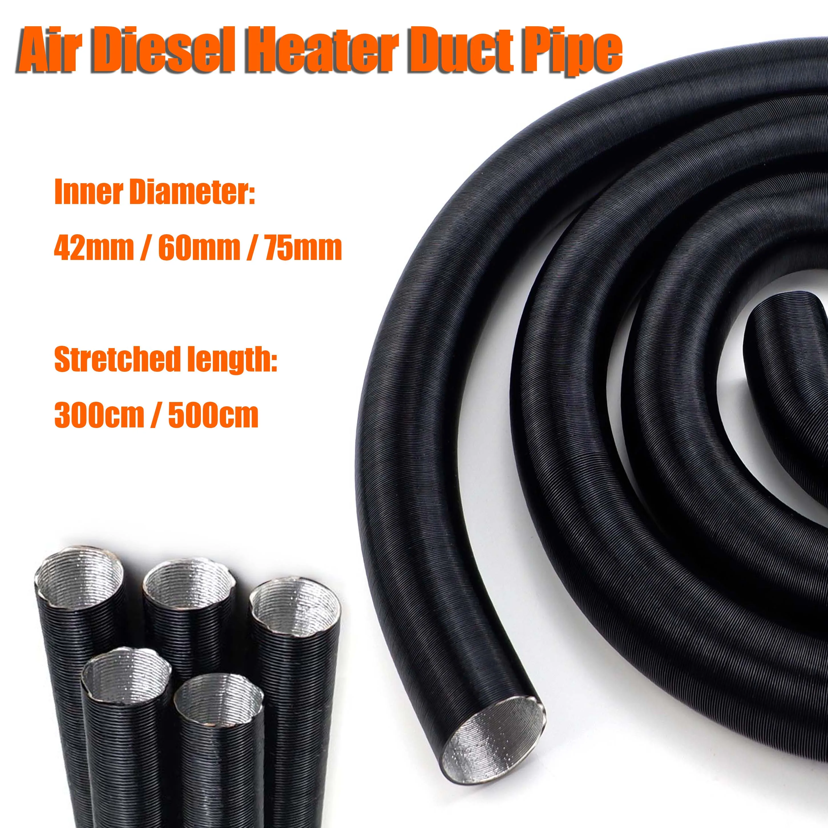 Air Heater Duct Pipe 42mm 60mm 75mm Inner Diameter Stretched length 300cm 500cm Air Diesel Heater Duct Pipe Tube Hose For Car Camper Truck Caravan
