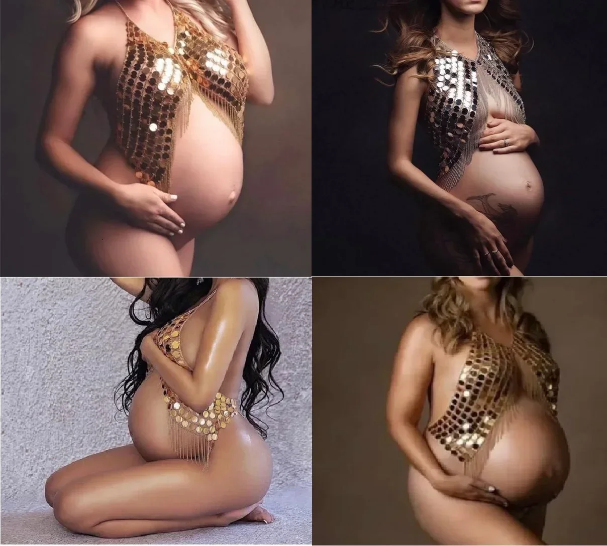

Women's Sexy Maternity Photography Props Maternity Top Dresses For Photoshoot Sequin Body Chain Belly Goddess Women Fashion Wear