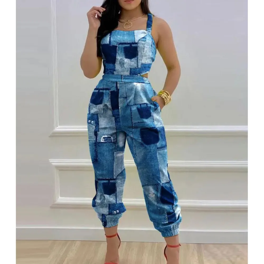 New Summer Fashion Printed Sleeveless Jumpsuit Sexy Hollow