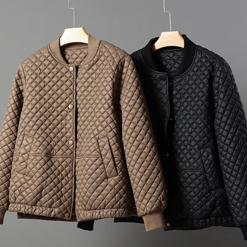 

Fashion Plaid Women Down Jacket Baseball Collar Lightweight Female Puffer Parkas 2022 New Autumn Winter Warm Loose Short Coat