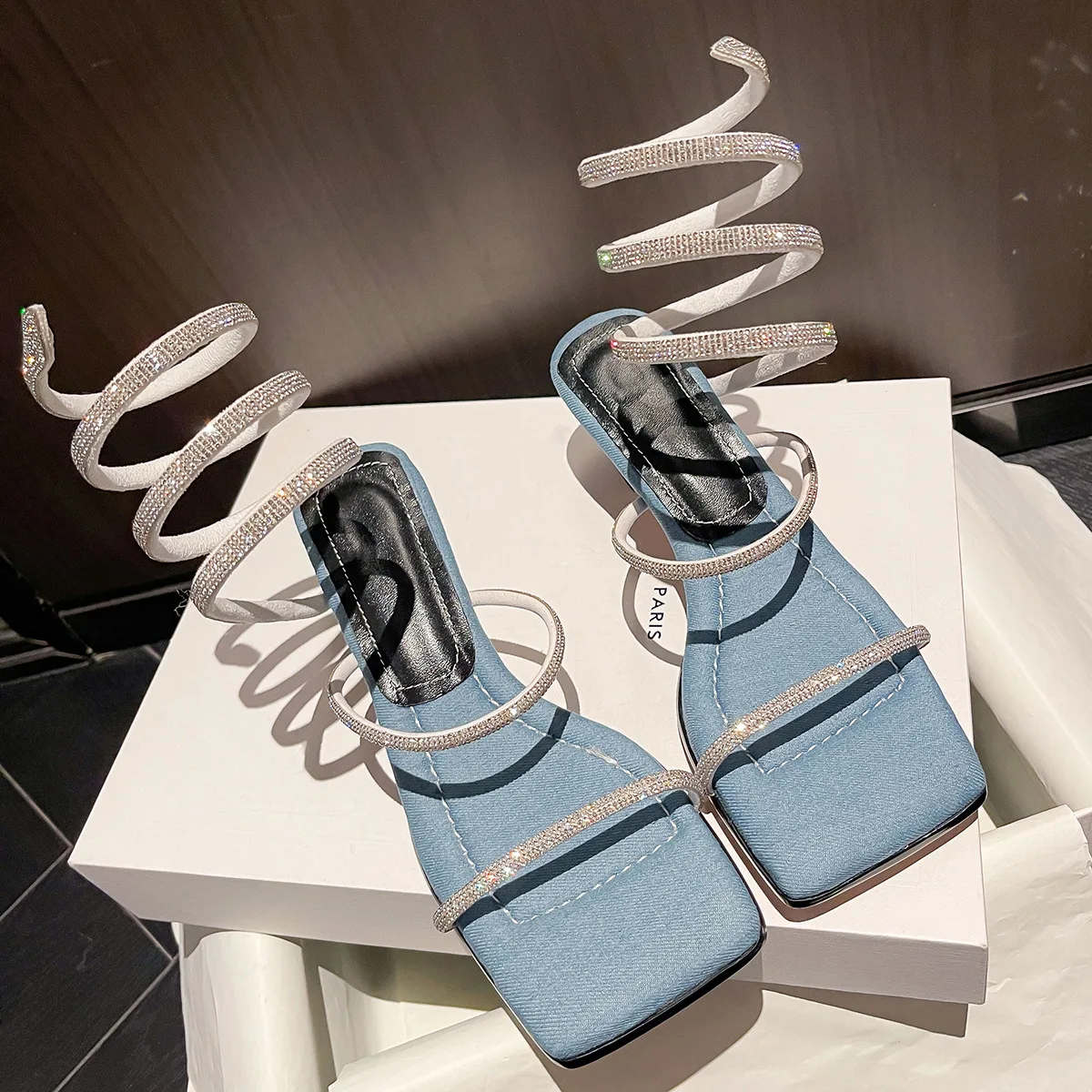 Snake Shaped Water Diamond Wrapped Square Headed Straight Toe Strap Slim Heel High Heel Large Sandals for Women