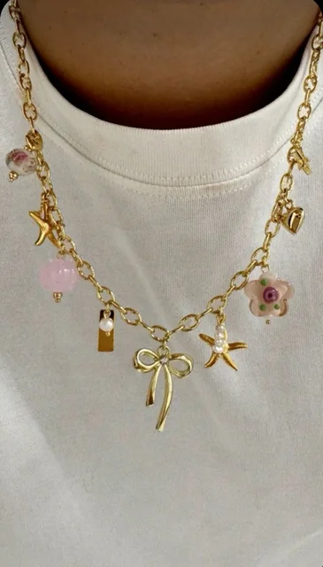 Charm Stainless Steel Starfish Flower Pendant Golden Color Necklace Women's Personality Creative Collarbone Chain