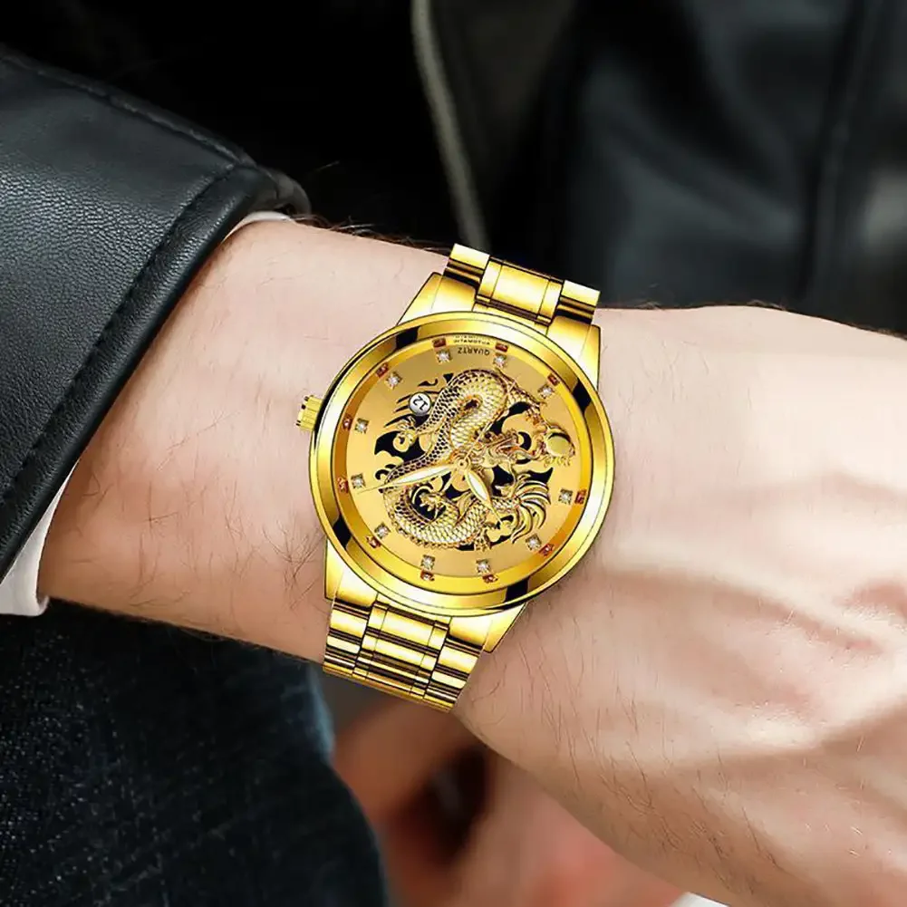 Luxury Delicate Trendy Men Fashion 3D Gold Dragon Calendar Watch Set Men Quartz Stainless Steel Watches 2