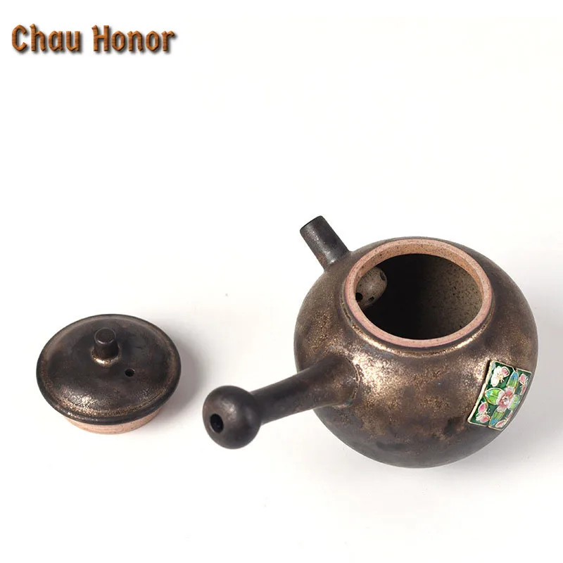 200ml Ancient Handmade Kiln Fambe Pottery Teapot Sprinkle Gold Glaze Applique Side Handled Teapot Dahongpao Teaware Gift Packed