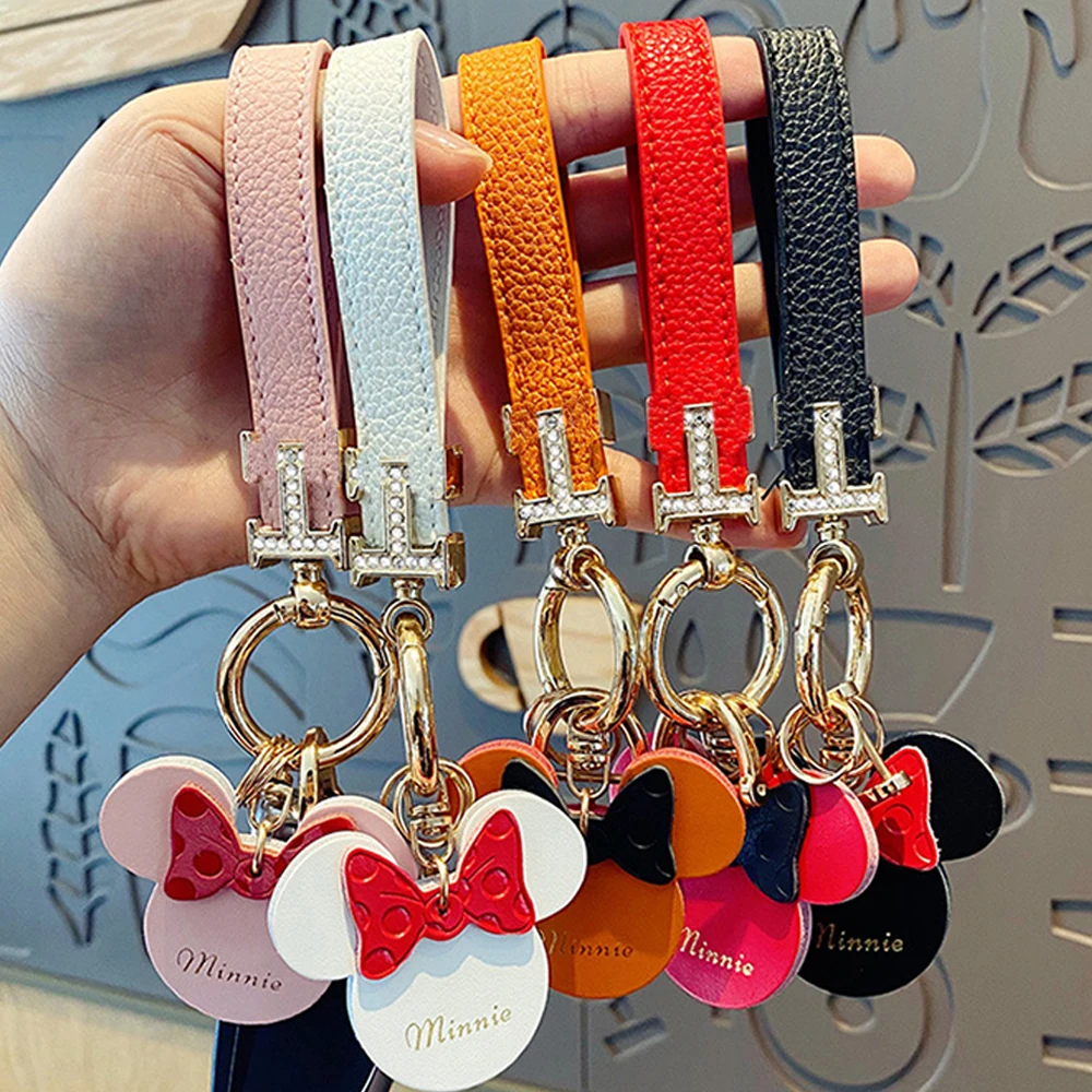 Cute Genuine Leather Keychain Mickey Mouse Lanyard Keyring Clothes Backpack  Bag Pendant Car Accessories Horseshoe Buckle Gifts - AliExpress