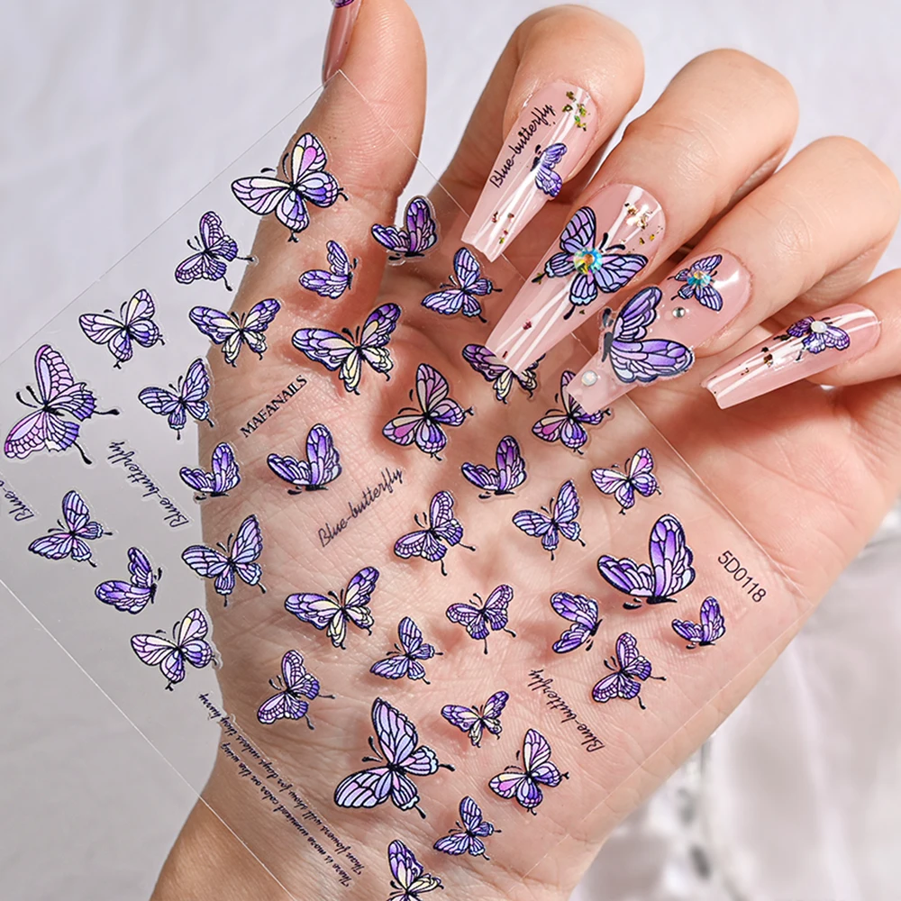 

5d фиолетовая бабочка, полые наклейки для дизайна ногтей, лазерные наклейки с крыльями, самоклеящиеся красочные аксессуары для искусственного маникюра