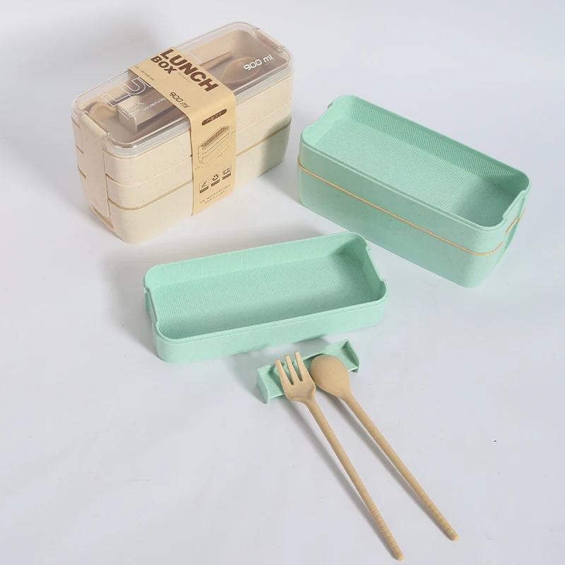 Description Picture 5 of item1pc Square Three Wheat Straw Fibre Plastic Lunch Box Students Adult Lunch Box With Cutlery