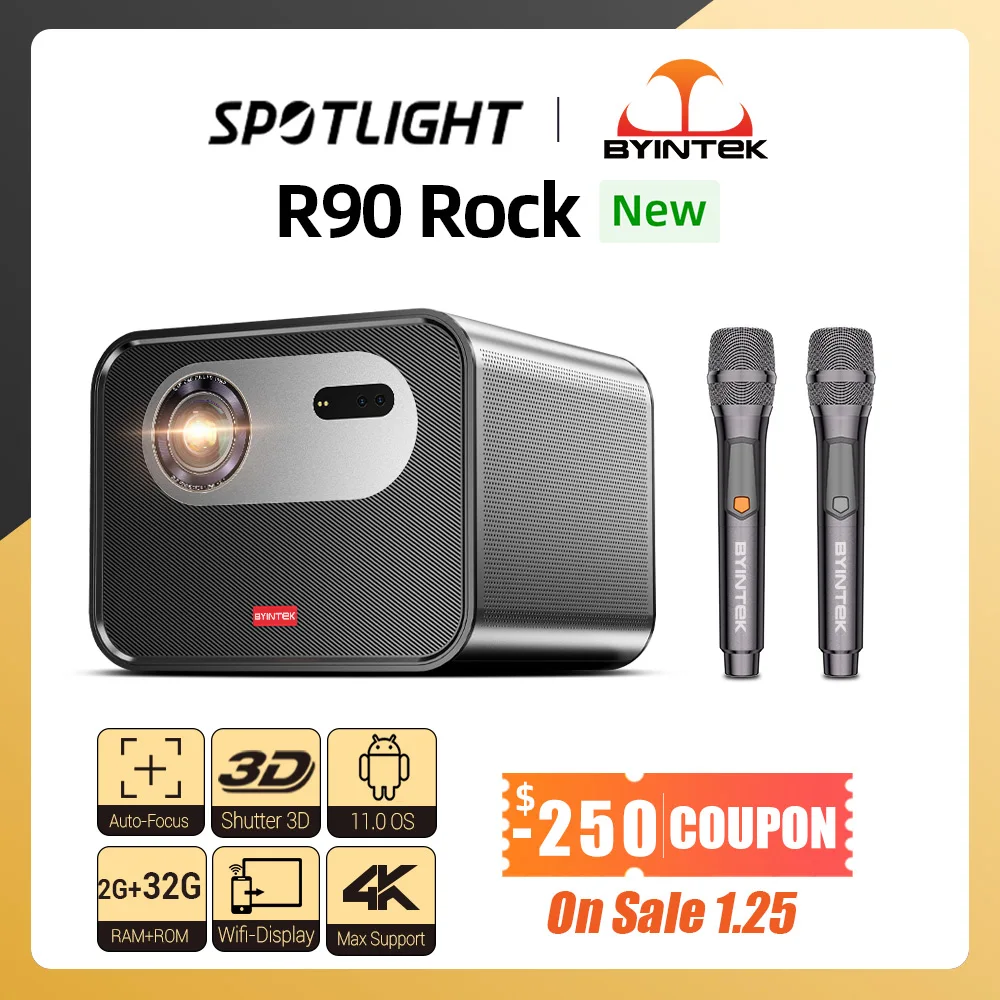 Фото BYINTEK R90 Rock Full HD 1080P DLP проектор 2200 ANSI люмен Android TV 11,0 3D 4K Поддержка смарт-проектор для домашнего кинотеатра №1