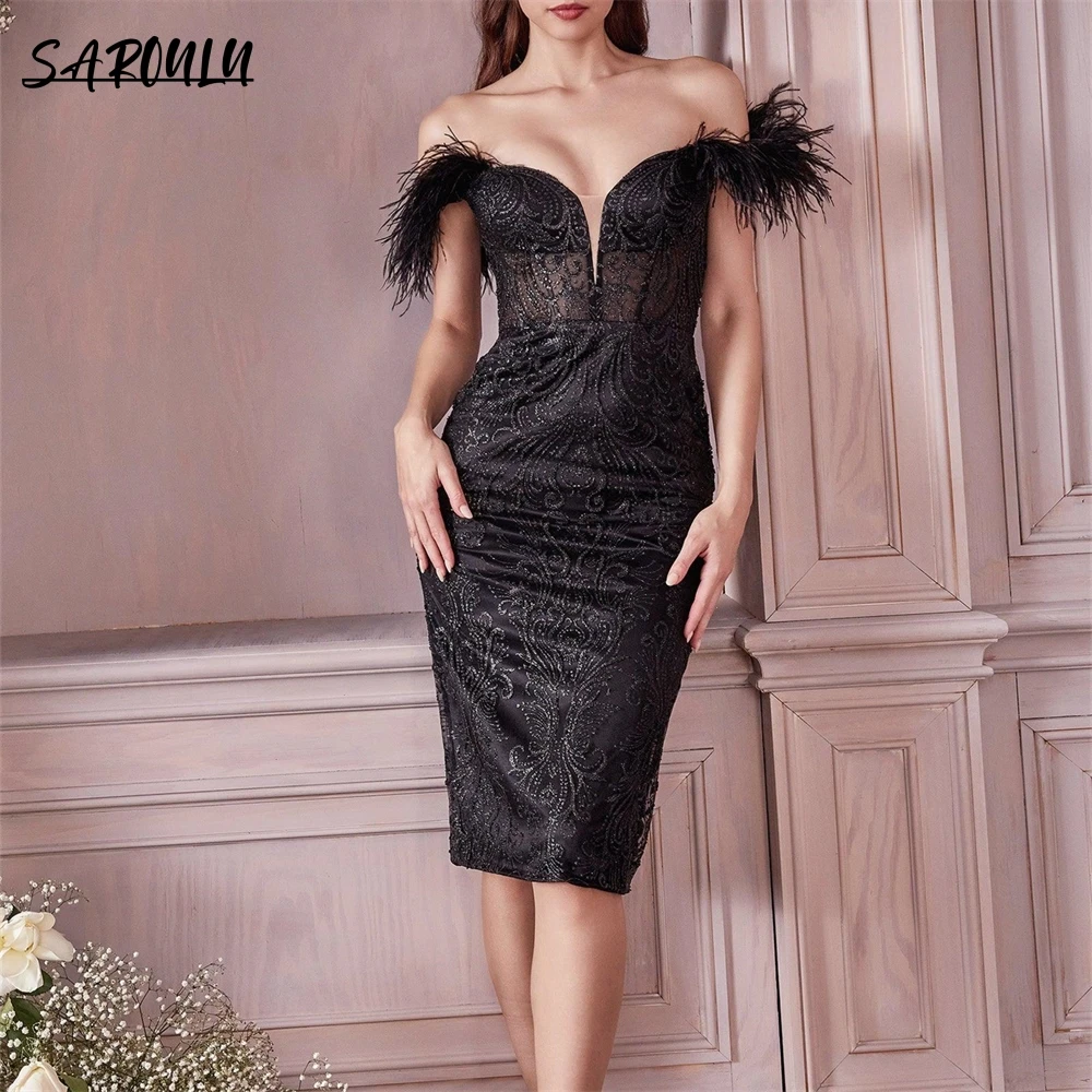 Feathered Off The Shoulder Formal Dresses For Women Lace Deep V Neck Cocktail Dresses Homecoming Mini Gown Vestidos De Gala