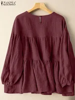 ZANZEA Autumn Vintage Long Sleeve Shirt Woman Casual Cotton Blouse Female O-Neck Solid Blusas Stylish Button Cuffs Chemise 2023 - Image 3