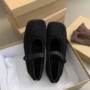 Square Toe Cosy 2026 Ballet Flats Woman Warm Teddy Fur Mary Jane Shoes Ladies Brand Design Elegant Fluffy Plush Loafers