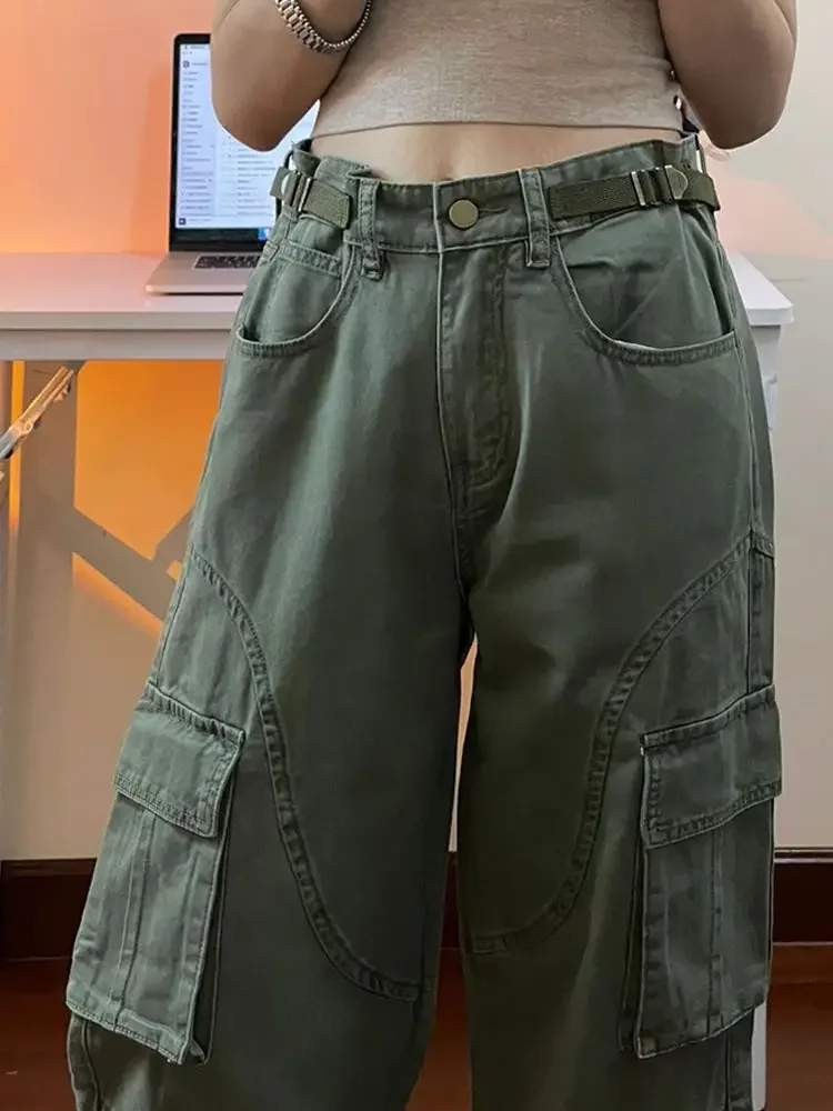 Womens Cargo Jeans with Side Pocket High Waisted Boyfriend Loose Straight Leg Techwear Denim Pant 2024 @ harajuku streetwear y2k