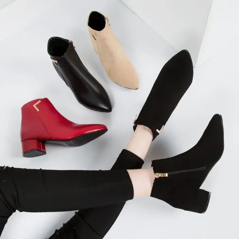Bottines Femme Talon Bas Bout Pointu - Bottes Chelsea à Fermeture éclair, Légères, Style Rétro Automne Hiver