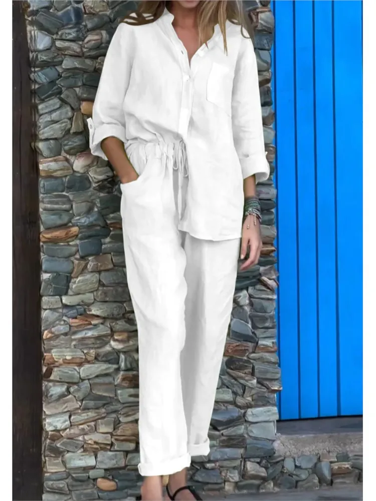 Casual Shirt Pants Sets For Women Solid Loose Lapel Single Breasted Shirts Straight Pant 2024 Summer Chic Two-piece Ladies Set