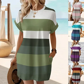 Chic Plus Size Dress: Elegant Stripes, Roll-Up Sleeves, Pockets - Comfortable & Casual Women's Dress 1