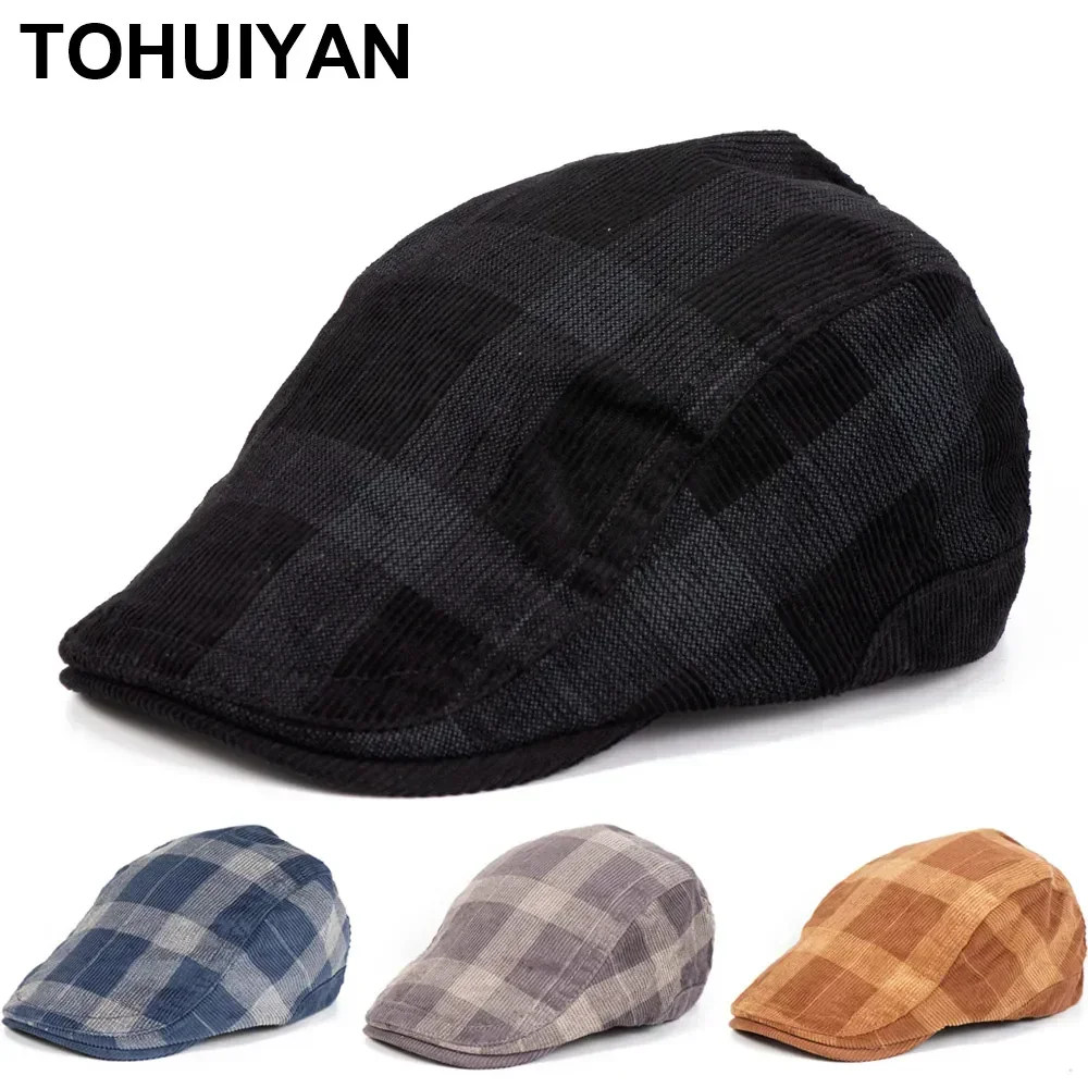 

New Corduroy Plaid Male Berets Hats Men Thicken Warm Flat Caps Autumn Winter Vintage Newsboy Hat Boinas Headwear Women's Cap