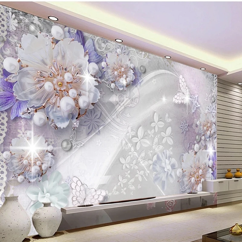 Custom Modern Creative 3D Wall Mural Wallpaper Luxury Pearl Flower Butterfly Pattern For Living Room Bedroom TV Background Decor
