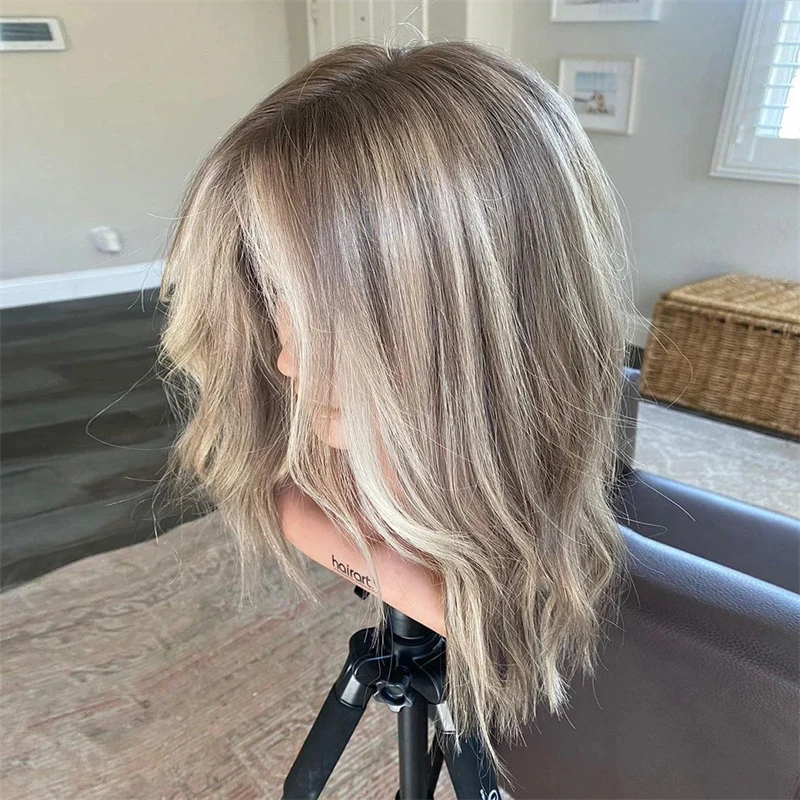 Blonde Bob Wig Dirty Ashy Highlights High Heat Fibre Synthetic Lace Front Wigs Dark Roots Short WAvy Cosplay Wig for Women synthetic human hair wig