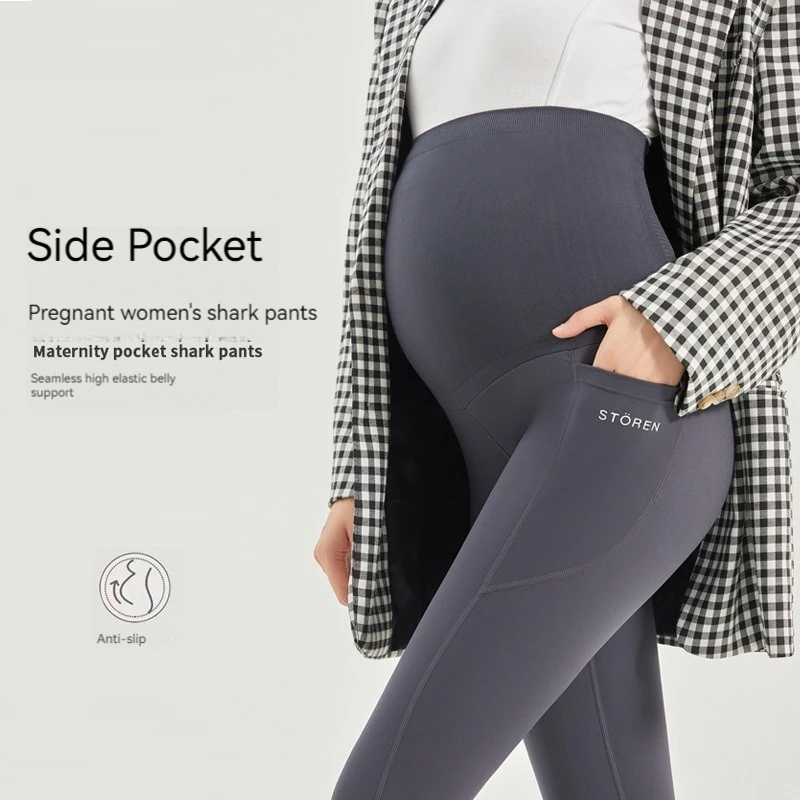Pregnant Women's Pocket Shark Skin Underpants Fashion Hip Lifting and Slimming Sports Casual Waist Protection Barbie Pants