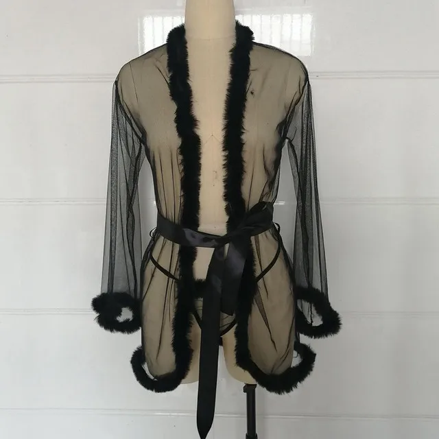 Women Sexy Lingerie Mesh Sheer See Through Sleepwear Robe 3pcs Fur Erotical Set Costume Night Gown Erotic With Briefs Belt