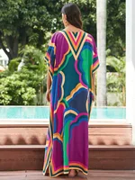 Plus Size Women's Loose Fit Moroccan Print V-Neck Batwing Kaftan Beach Dress Bathing Suit Cover Up - Image 4