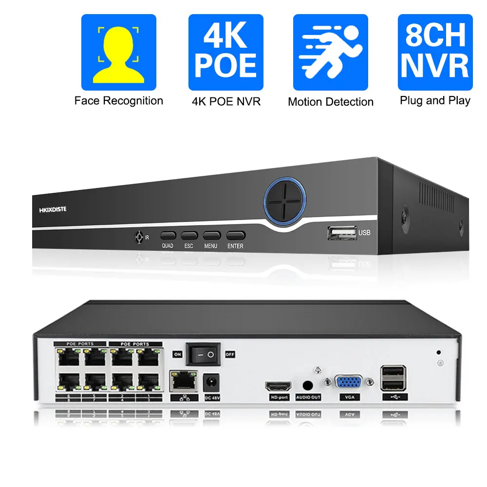 

H.265 8CH Face Detection 4K POE NVR Audio Out Security Surveillance Network Video Recorder Up to 2MP 5MP 8MP POE IP Camera P2P