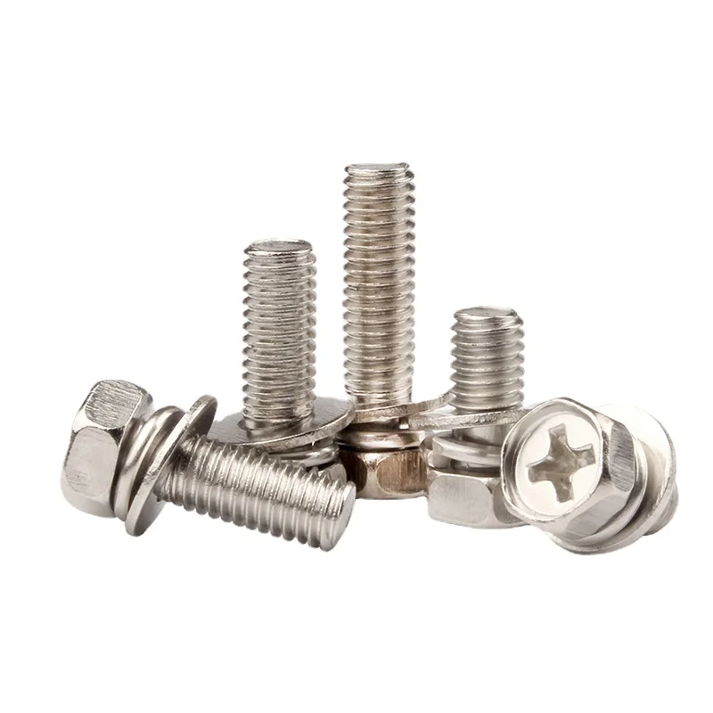 

100pcs Cross Recessed External Hexagon Screws With Flat Washer Spring Washer Recessed Combination Bolts M3 M4 M5 8-16mm