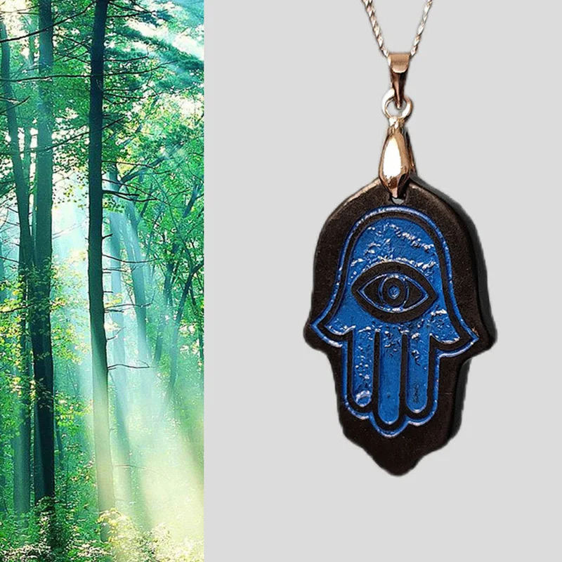 

Eye Hamsa Shungite Pendant Hand of Fatima with 250mm Rope Chain Necklace Khamsah Fortune Charm